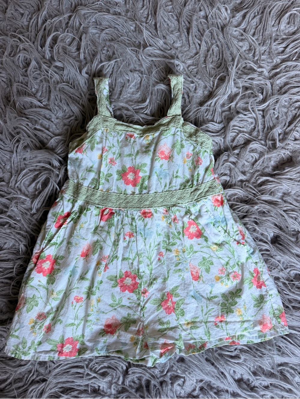 Janie and Jack White Floral Cotton Romper with Green Trim